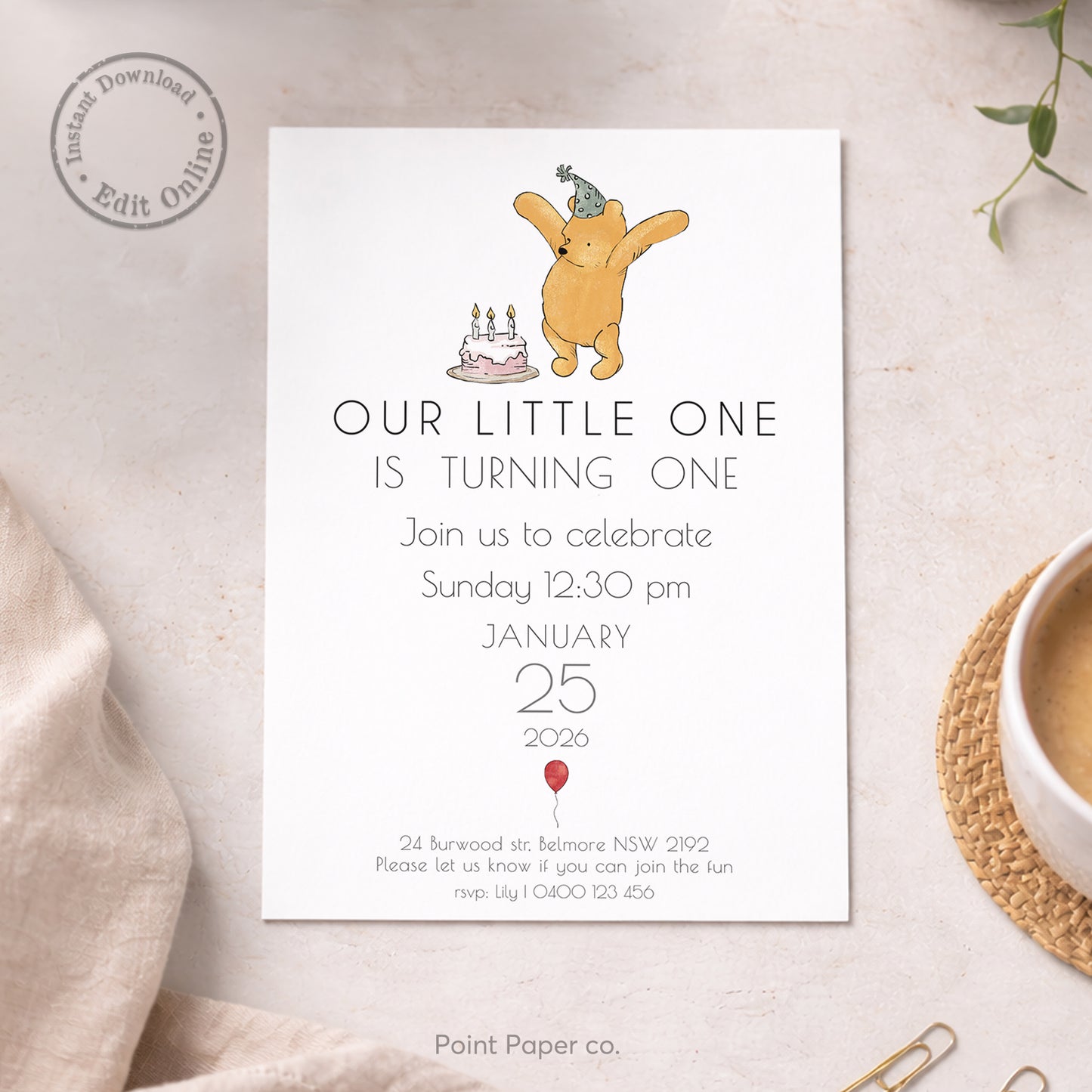 Bear First Birthday Invitation | Edit Online