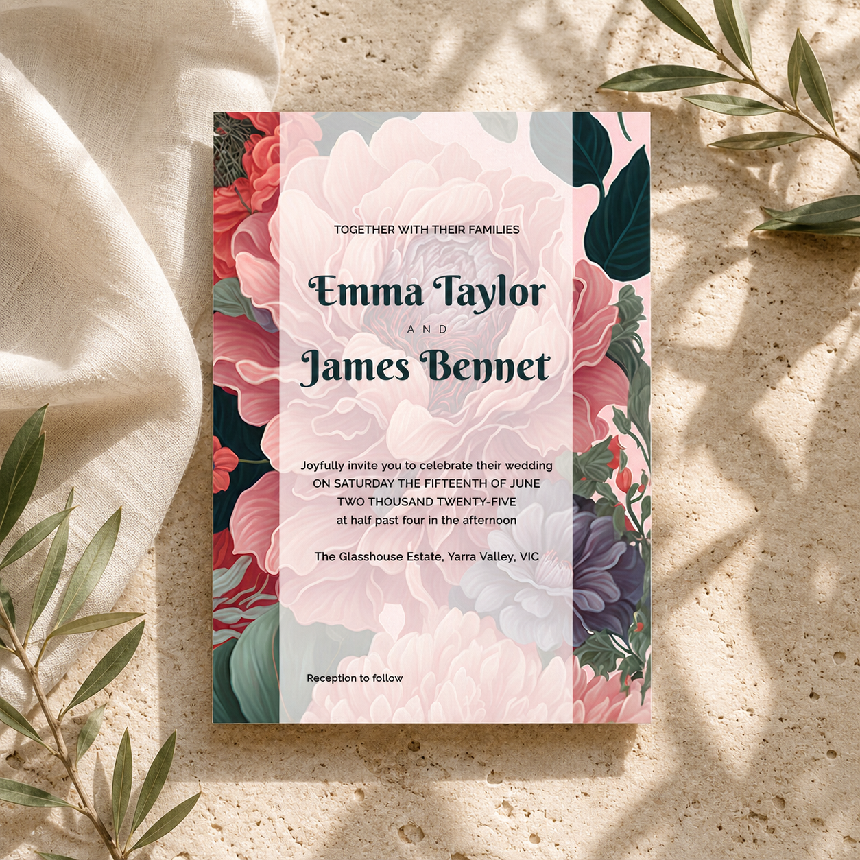 A floral wedding invitation card styled in a flat-lay on a textured beige surface with draped cream fabric and green leaves. The card features a central white panel with black text reading 'Emma Taylor and James Bennet' surrounded by large pink, red, and purple flowers with dark green leaves.