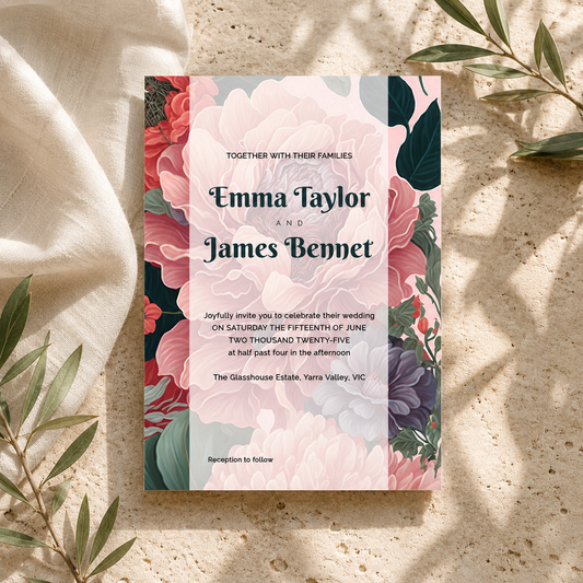 A floral wedding invitation card styled in a flat-lay on a textured beige surface with draped cream fabric and green leaves. The card features a central white panel with black text reading 'Emma Taylor and James Bennet' surrounded by large pink, red, and purple flowers with dark green leaves.