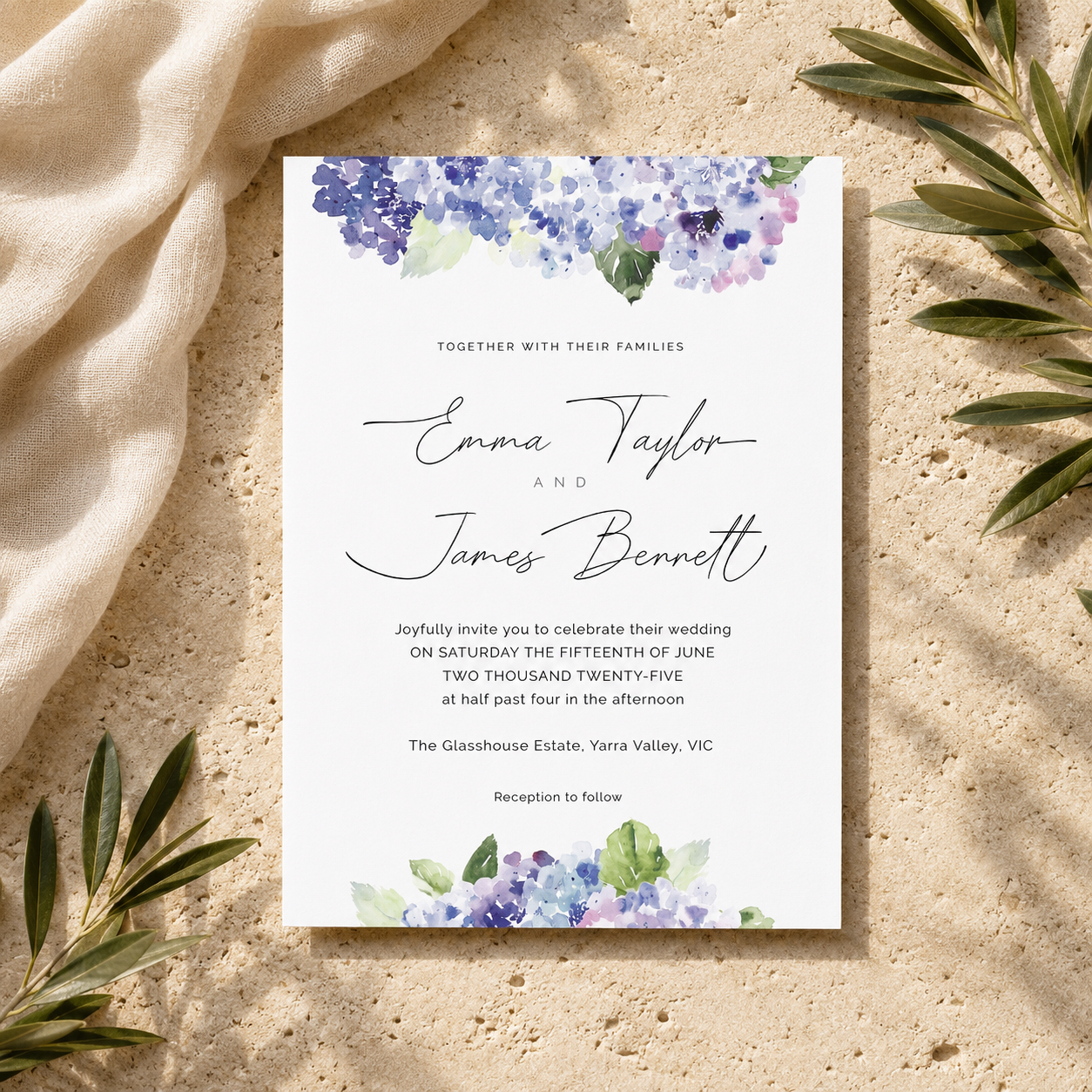 Hydrangea Printed Wedding Invitation with Envelope