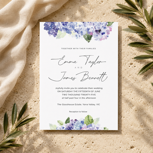 Hydrangea Printed Wedding Invitation with Envelope