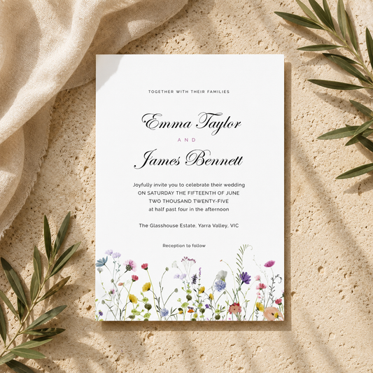A wedding invitation card with elegant black script and floral watercolor illustrations at the bottom, styled flat-lay on a textured beige surface with draped cream fabric and green leaves.