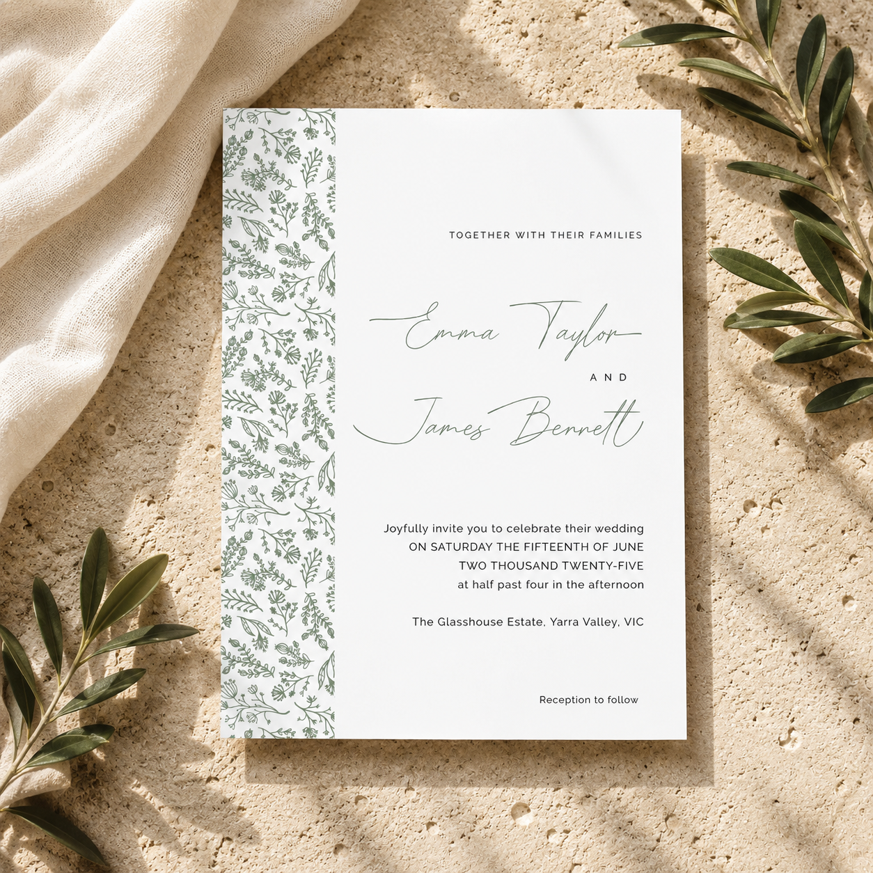 Botanical Panel Printed Wedding Invitation with Envelope