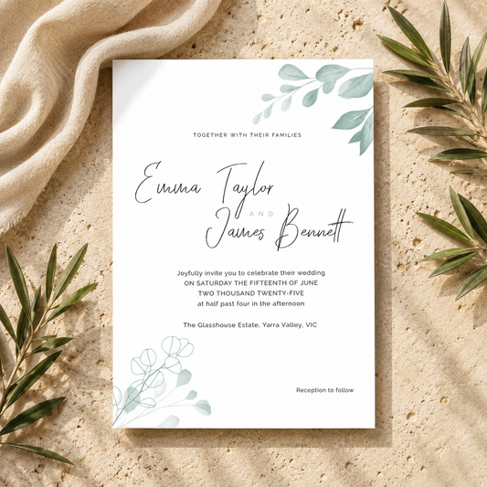 A rectangular wedding invitation card with elegant black script text and soft green botanical illustrations, styled flat on a sandy surface with draped beige fabric and olive branches around it.