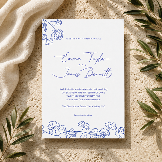 A wedding invitation card with blue floral line art at the top and bottom and elegant script names, photographed flat on a textured beige surface with draped cream fabric and green leaves around it.