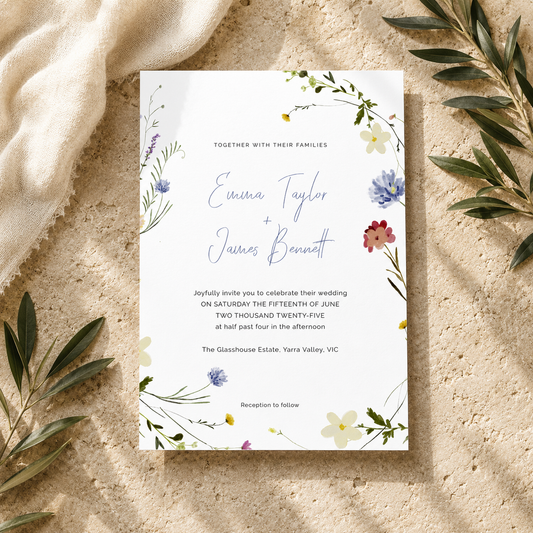 A floral wedding invitation card is laid flat on a textured beige surface with draped fabric and olive leaves around it. The card has watercolor-style flowers and greenery at the top and bottom, with the names 'Evelina Taylor + James Bennett' in blue script in the center.