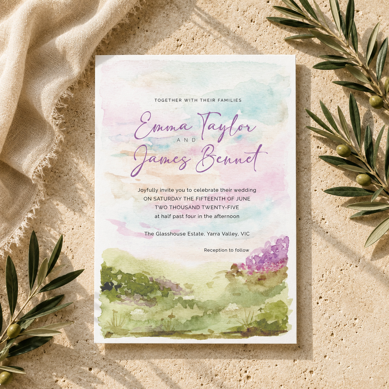Watercolour Landscape Editable Wedding Invitation