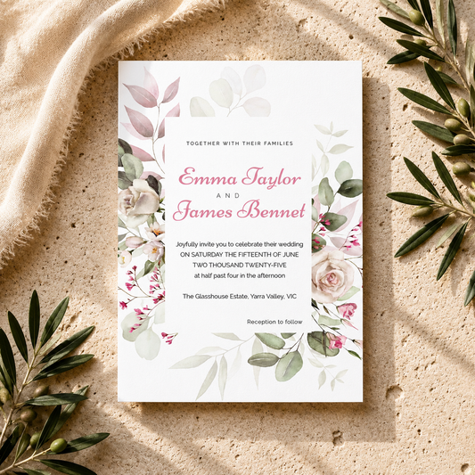 A floral wedding invitation card with pink and green botanical illustrations, laid flat on a beige textured surface with draped fabric and olive branches around it.