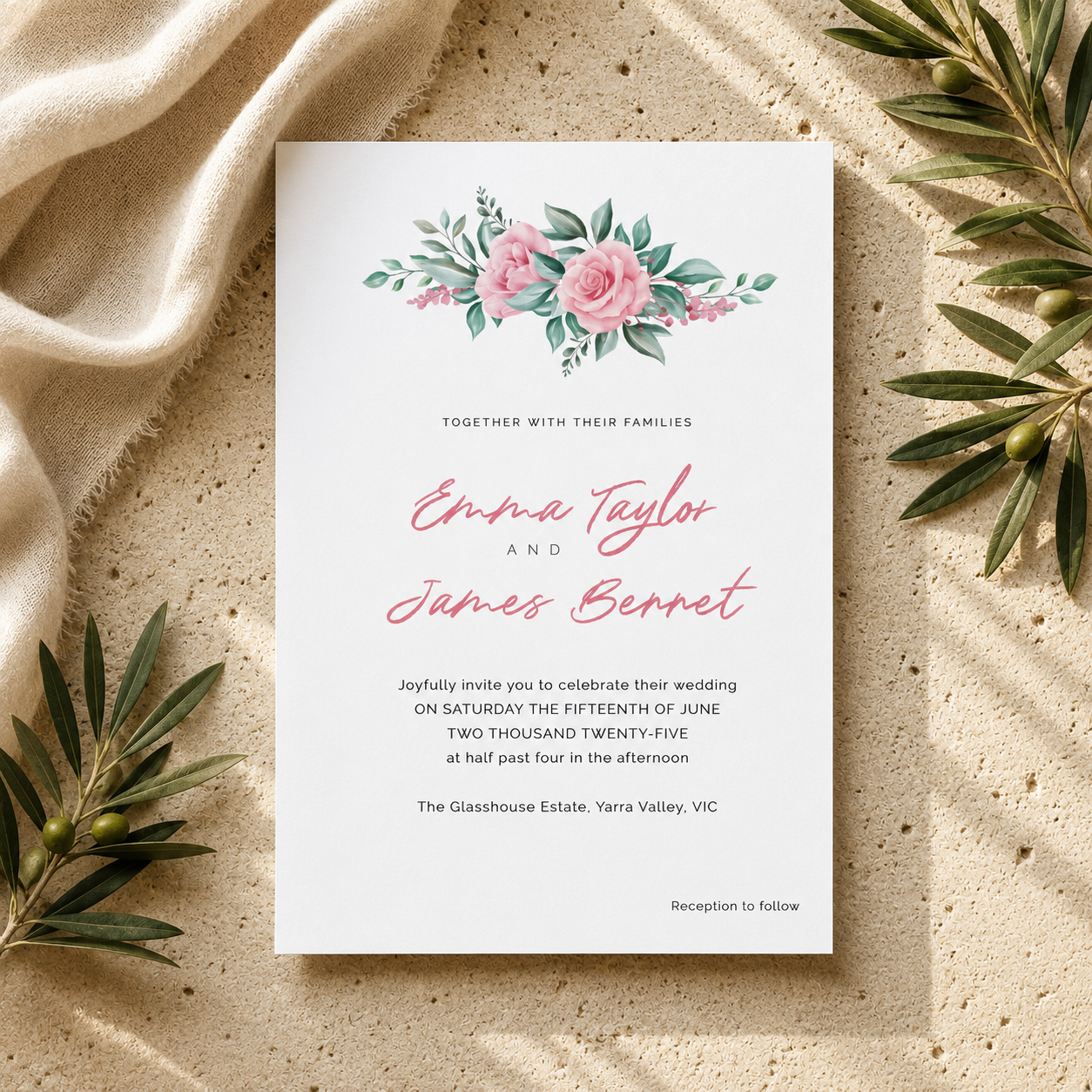 Pink Rose Garden Editable Wedding Invitation