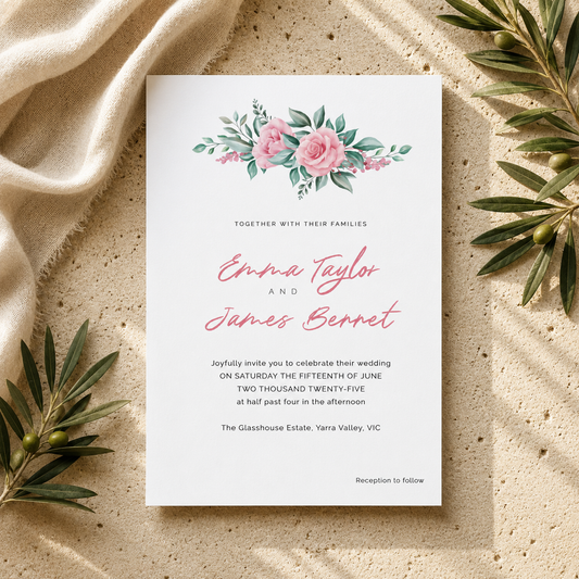 Pink Rose Garden Editable Wedding Invitation