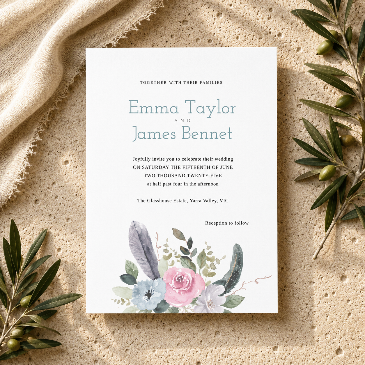 Feather & Floral Bouquet Editable Wedding Invitation