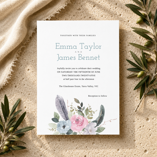 Feather & Floral Bouquet Editable Wedding Invitation