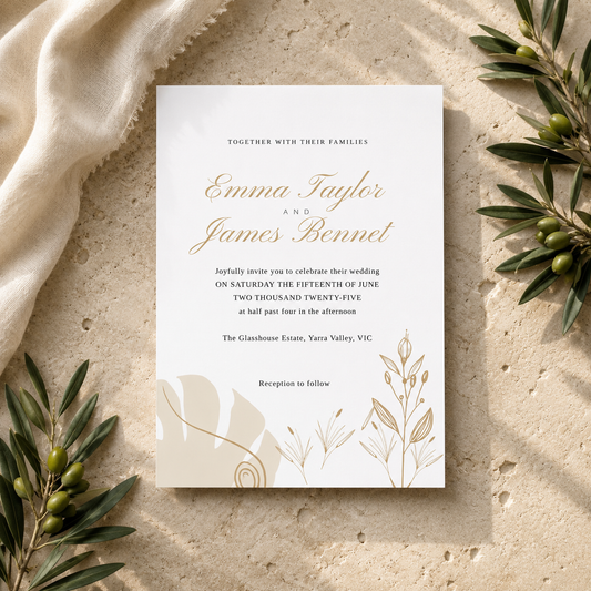 A wedding invitation card with elegant gold typography and botanical line art on a white background, styled flat-lay on a textured beige surface with cream fabric and olive branches.
