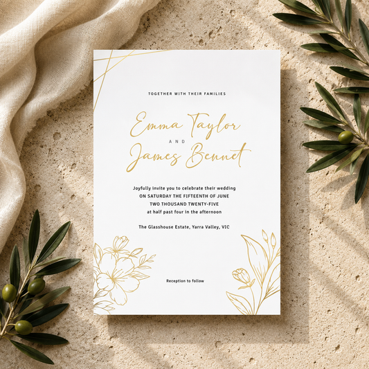 A white wedding invitation card with elegant gold foil lettering and floral line art, styled flat-lay on a textured beige stone surface with olive branches and draped linen fabric.