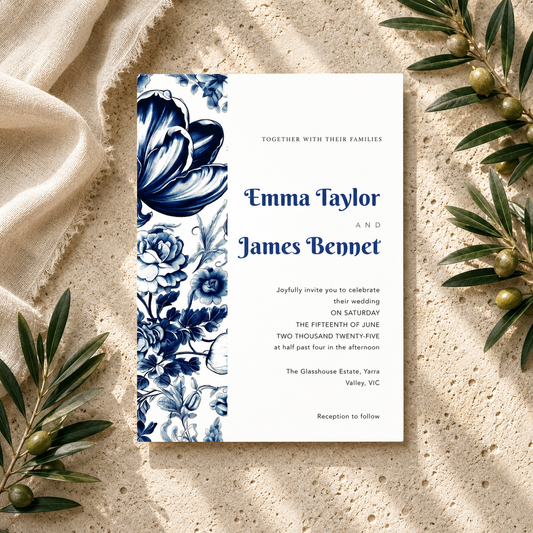 Blue Toile Floral Editable Wedding Invitation