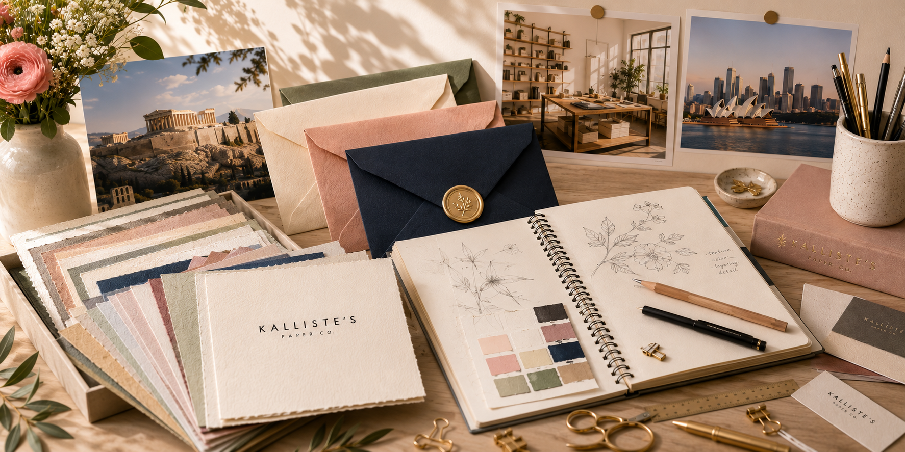 A styled flat-lay of stationery and design supplies on a wooden table, including a spiral sketchbook with color swatches, envelopes, pens, scissors, cards, and framed artwork. The brand name 'Kalliste's Paris' is visible on one card.