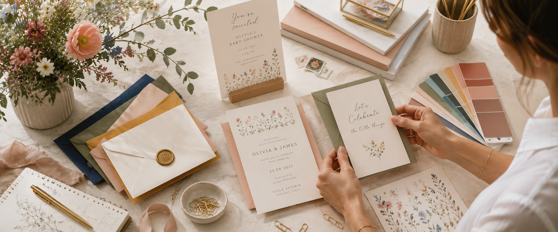 A styled flat-lay of wedding stationery and stationery supplies on a light fabric surface, with a woman's hands holding a printed card. Visible items include floral invitation cards, envelopes, swatches, a pencil cup, and paper goods arranged attractively.