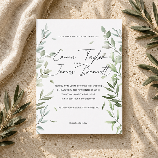 A botanical wedding invitation card with green watercolor leaves and elegant black script text, styled flat-lay on a textured beige stone surface with linen and olive branches.