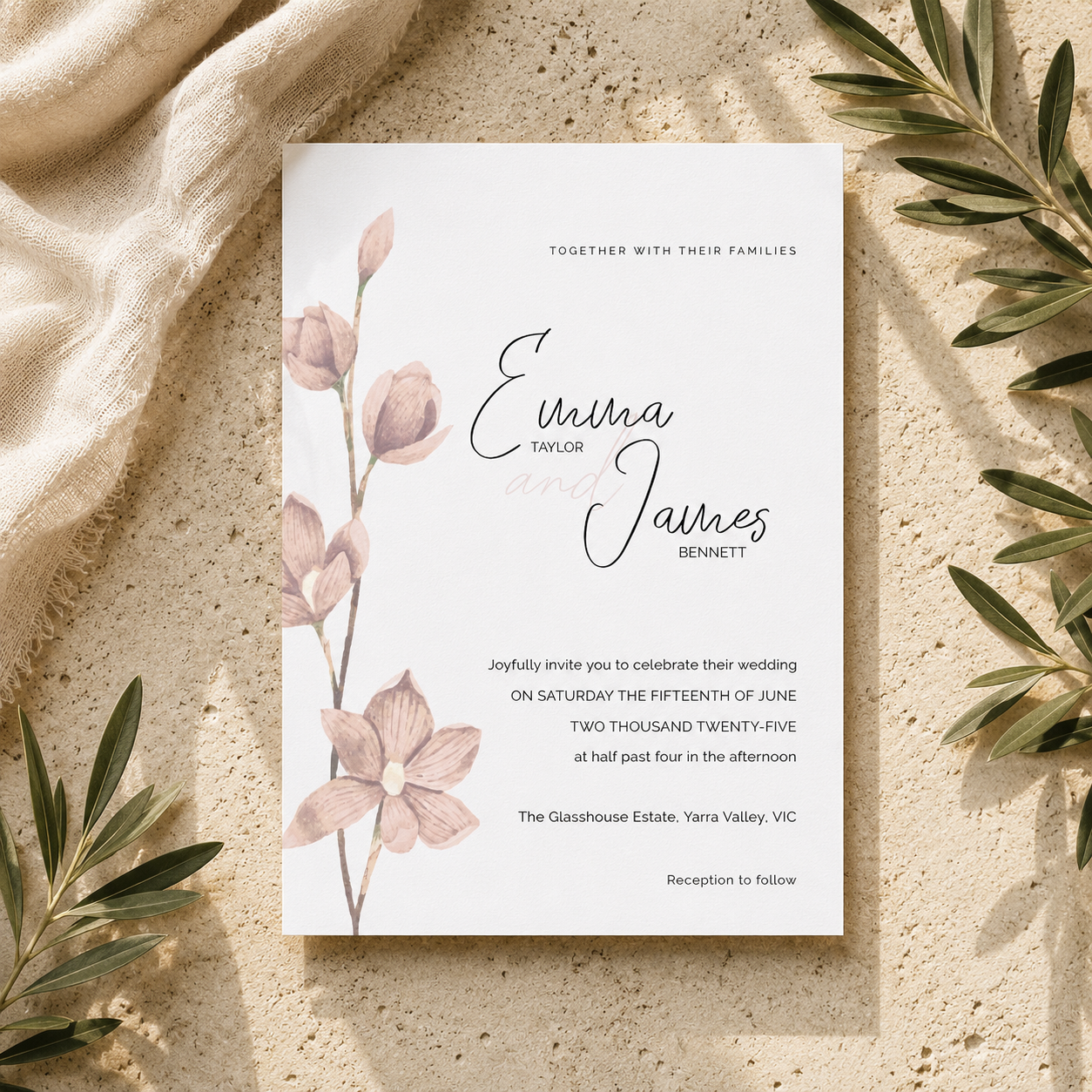 Blush Magnolia Wedding Editable Invitation
