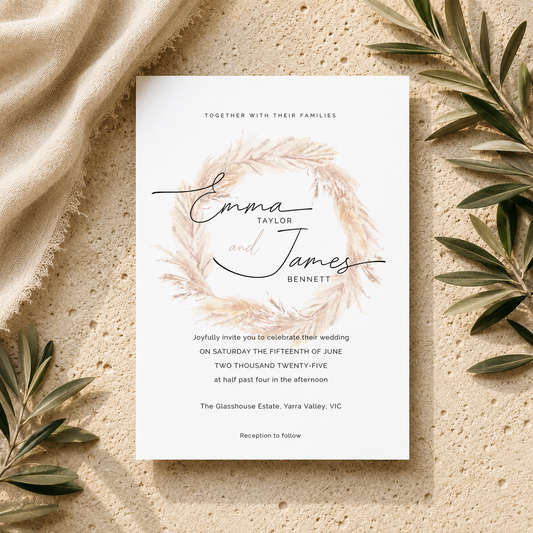A wedding invitation card with a delicate blush pink floral wreath and elegant black script reading 'Emma Taylor and James Bennett,' styled flat-lay on a textured beige surface with cream fabric and olive green leaves.