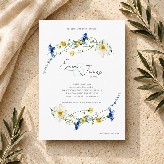 A rectangular wedding invitation card with floral watercolor designs in blue, yellow, and white, styled on a textured beige surface with draped fabric and olive leaves.