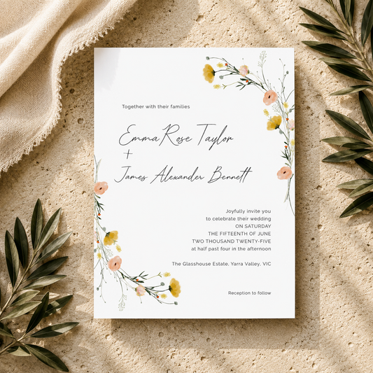 A wedding invitation card with floral watercolor accents, styled flat-lay on a textured beige surface with draped fabric and green leaves around it.