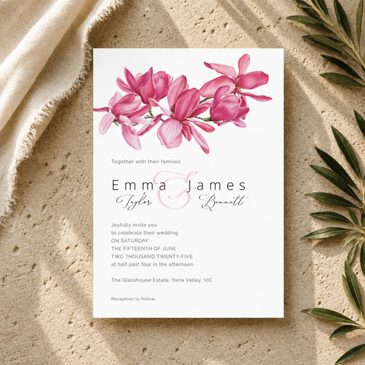 Pink Magnolia Printed Wedding Invitation with Envelope