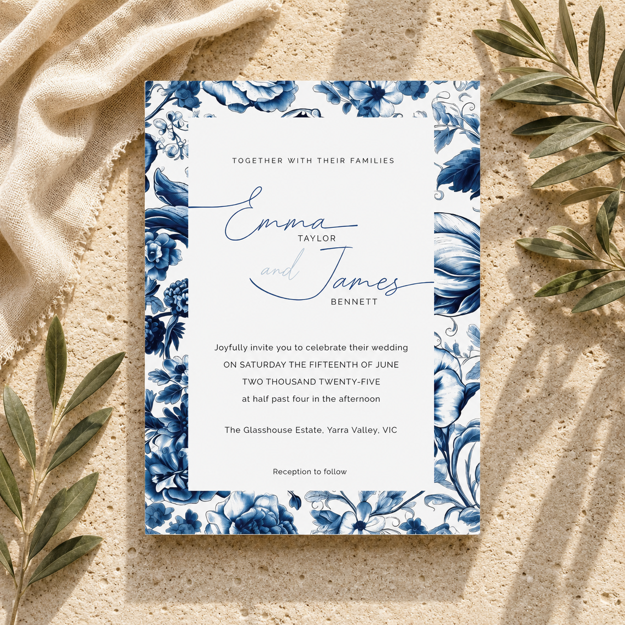 Blue Floral Wedding Editable Invitation