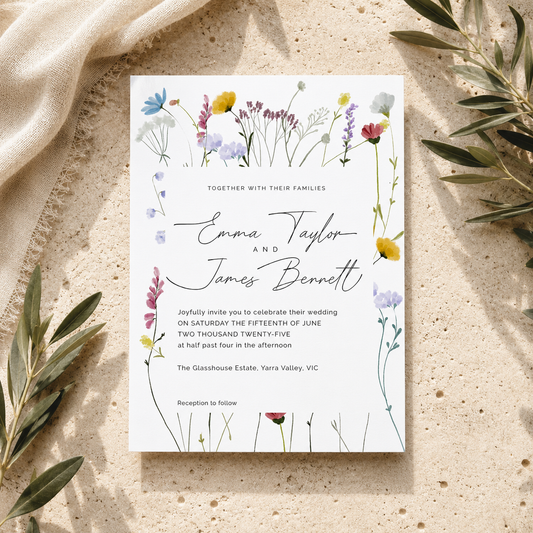 A rectangular wedding invitation card with floral illustrations and elegant script text, styled flat on a light beige textured surface with draped fabric and olive branches around it.