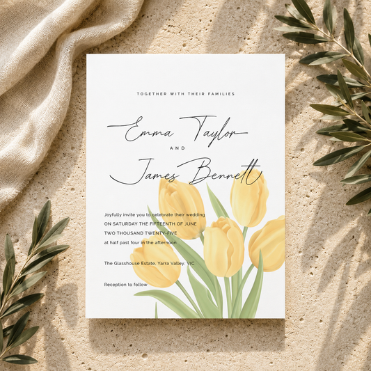 A wedding invitation card featuring elegant black script text and yellow tulip illustrations, styled flat-lay on a textured beige surface with draped linen and olive branches.