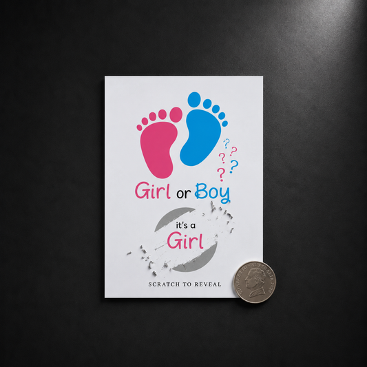 Gender reveal scratch-off card with pink and blue footprints on a black background