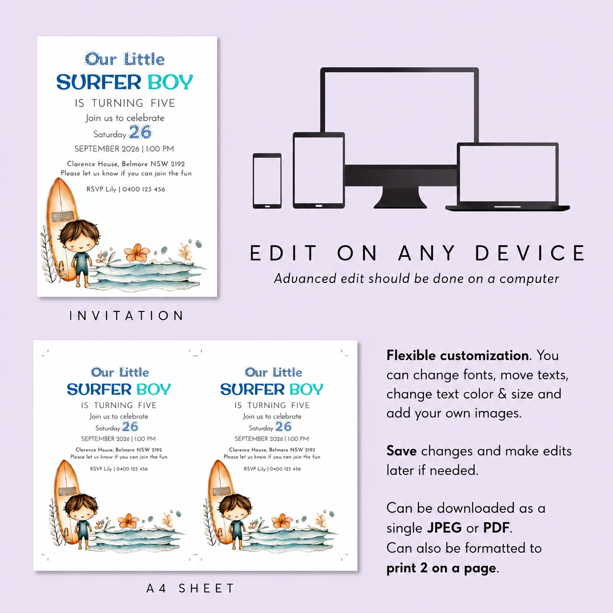 Surfer Boy Birthday Invitation | Edit Online