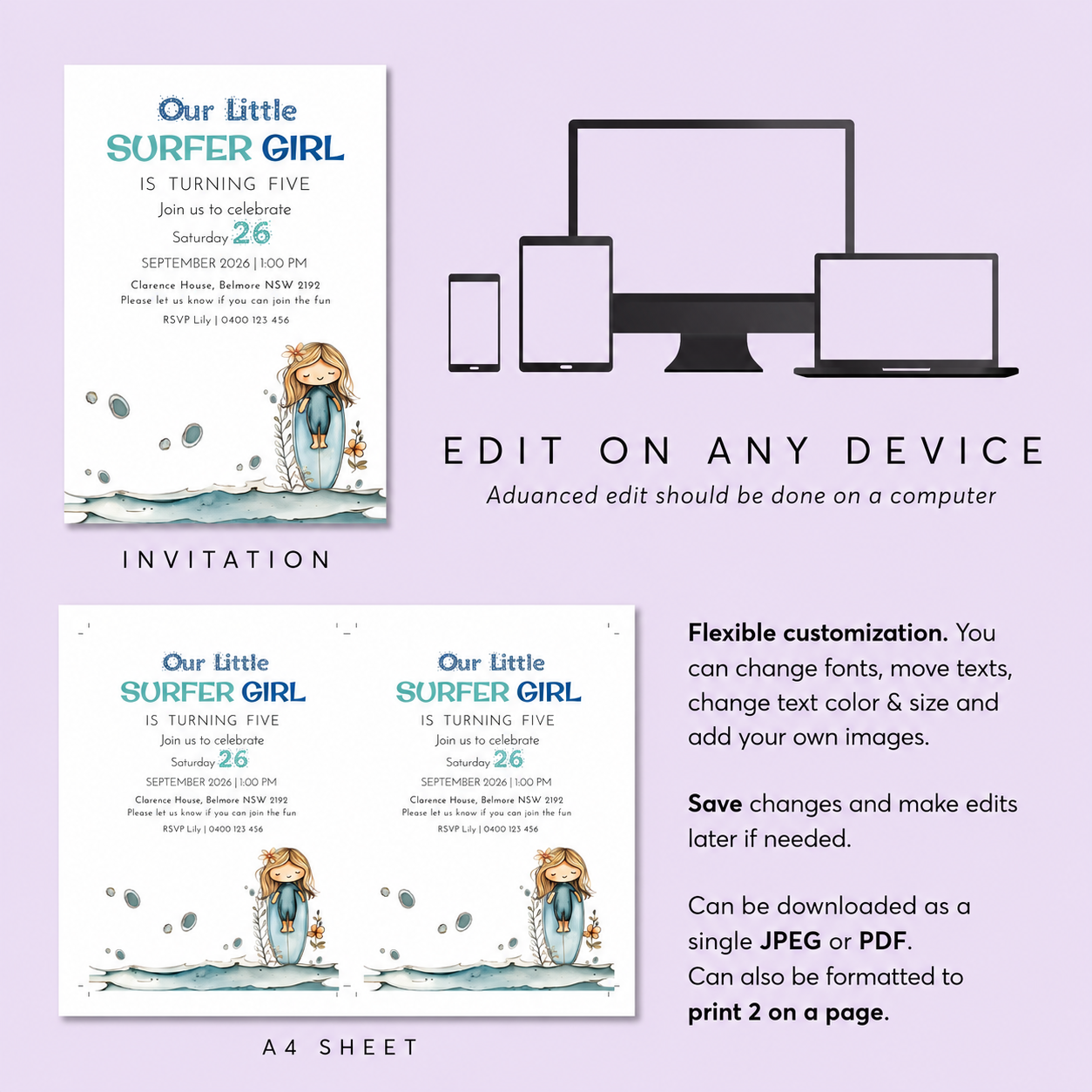 Surfer Girl Birthday Invitation | Edit Online