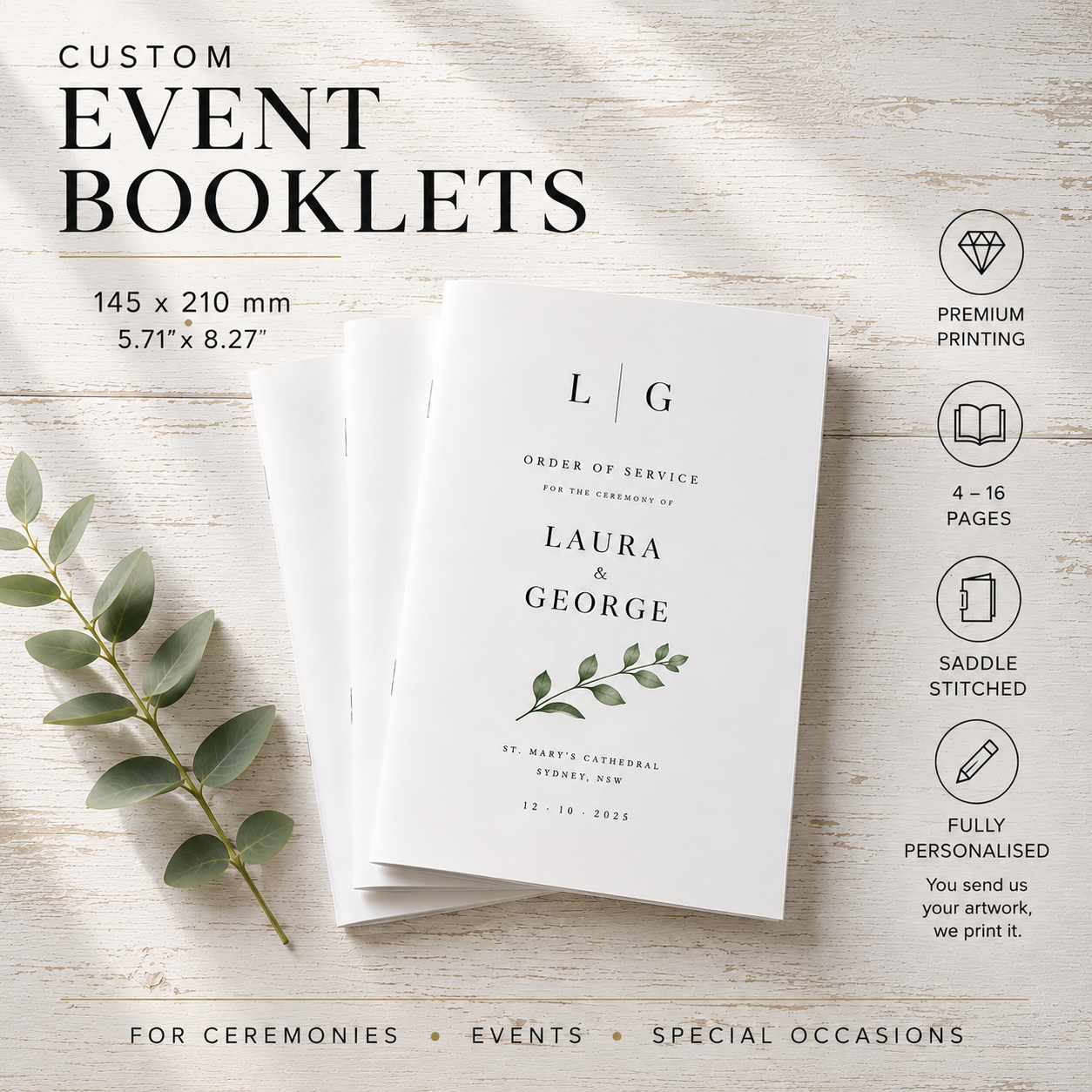 Two custom white event booklets for a wedding, displayed on a light wood background with a green eucalyptus sprig. The cover features a minimalist green leaf illustration and placeholder text.