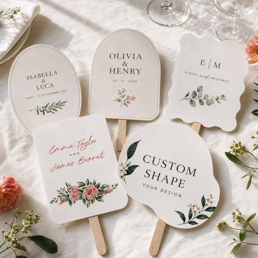 Five personalized wedding party favors or signs on wooden sticks, arranged on a white fabric surface with floral props and glassware. The signs are cream-colored with green botanical illustrations and customizable text including names and dates.