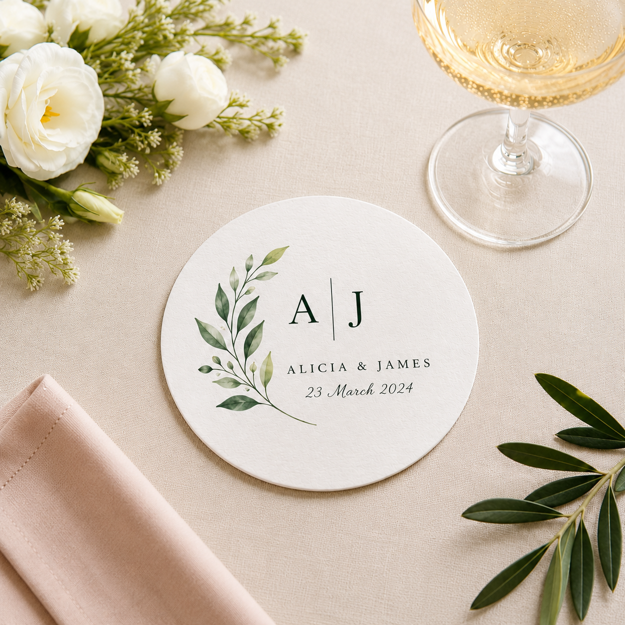 A round white paper coaster with a green leaf illustration and personalized text reading 'A | J', 'ALICIA & JAMES', and '23 March 2024', styled on a beige tablecloth with flowers, a wine glass, and a napkin.