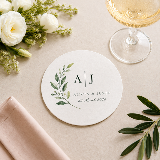 A round white paper coaster with a green leaf illustration and personalized text reading 'A | J', 'ALICIA & JAMES', and '23 March 2024', styled on a beige tablecloth with flowers, a wine glass, and a napkin.
