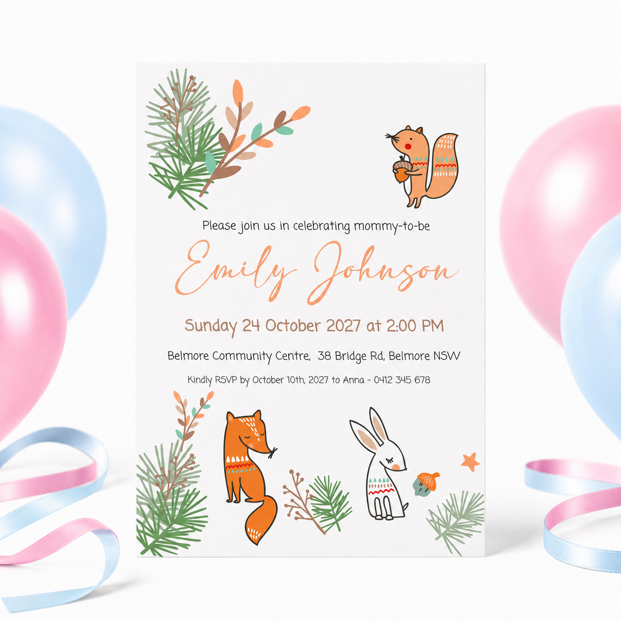 A baby shower invitation card featuring cute woodland animal illustrations, including a squirrel, fox, rabbit, and pine branches, with the text 'Please join us in celebrating mommy-to-be Emily Johnson'. The card is displayed against a white background with pink and blue balloons and ribbons in the background.