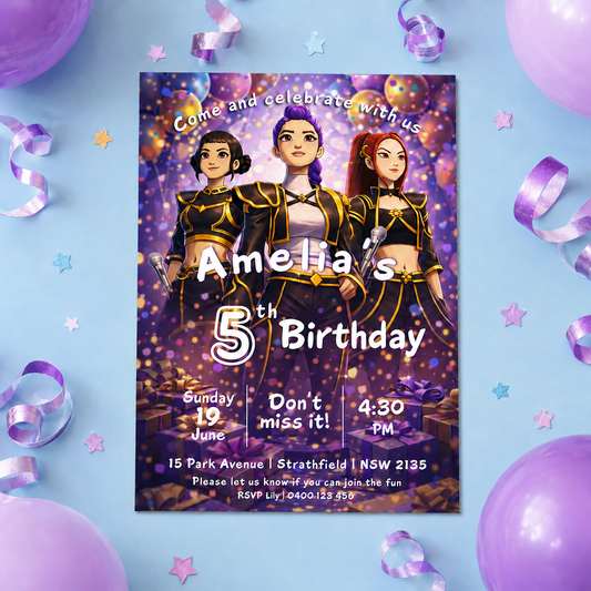 A square birthday invitation card featuring three anime-style female characters against a purple and gold glitter background, styled on a light blue surface with purple balloons, ribbons, and star confetti.