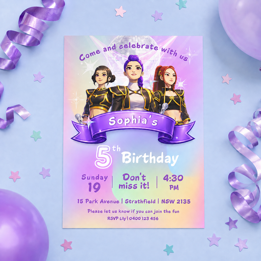 A pastel purple and pink 5th birthday invitation card featuring cartoon characters in gold and black outfits, styled on a light blue background with purple ribbons, balloons, and star confetti.