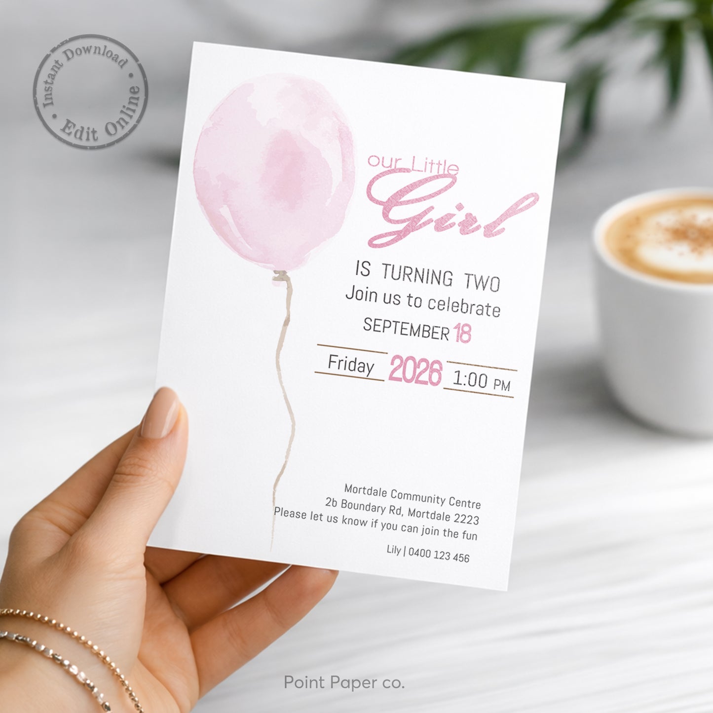 Pink Balloon Birthday Invitation | Edit Online
