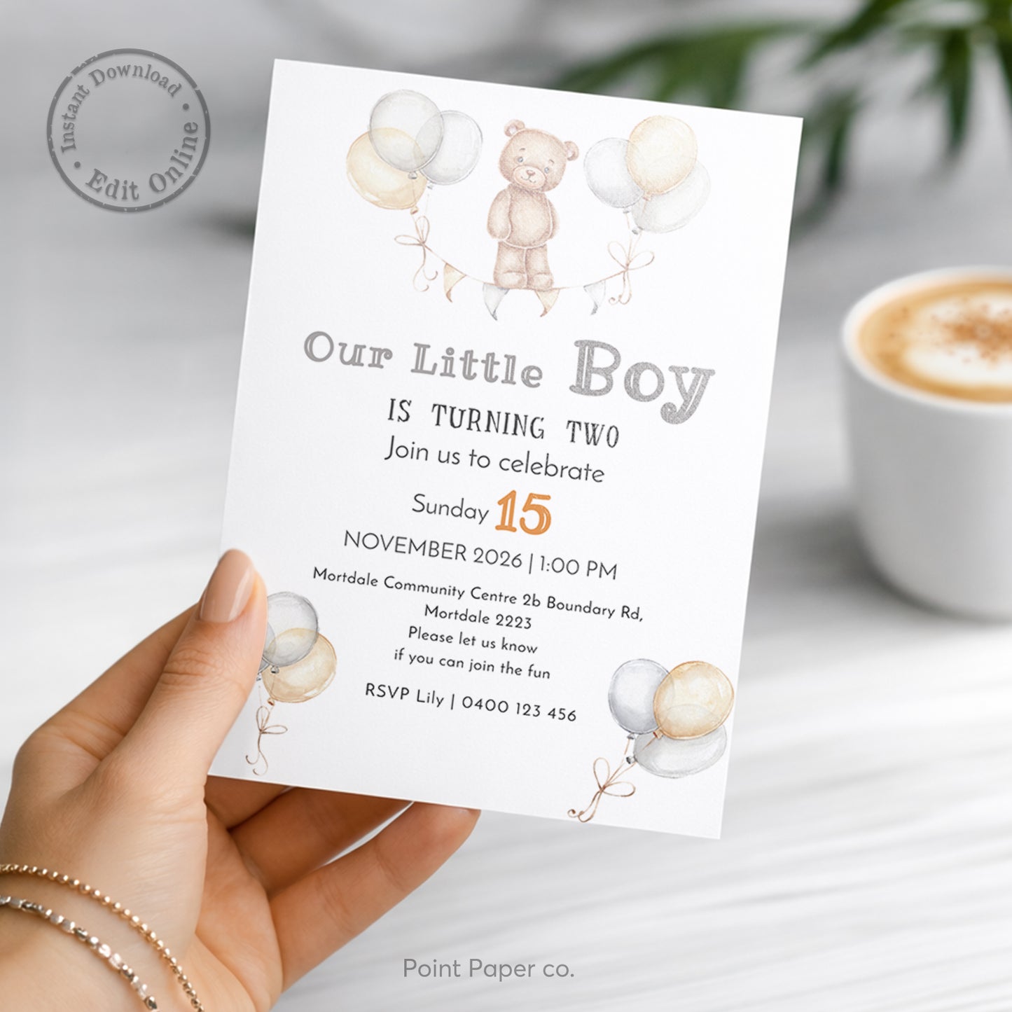 Teddy Balloons Birthday Invitation | Edit Online