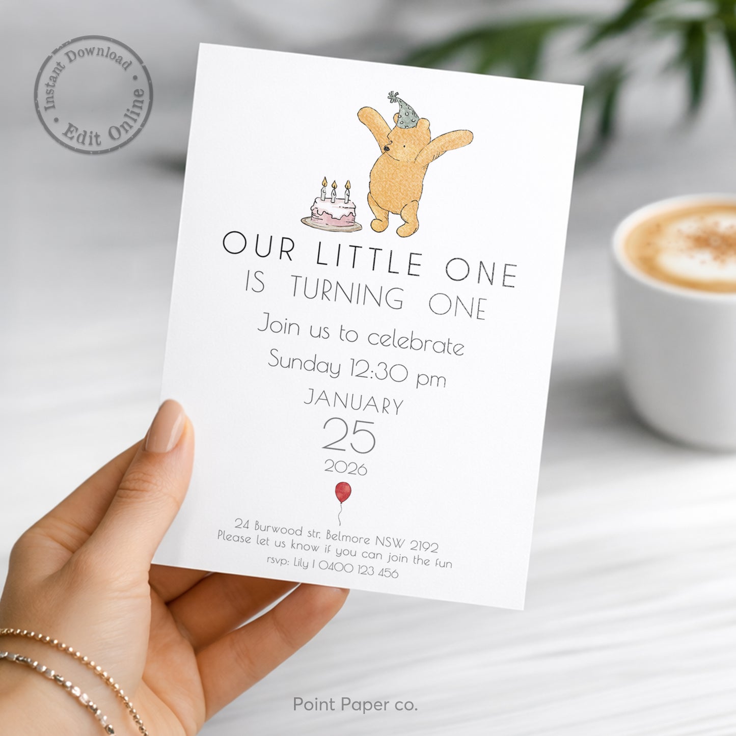Bear First Birthday Invitation | Edit Online