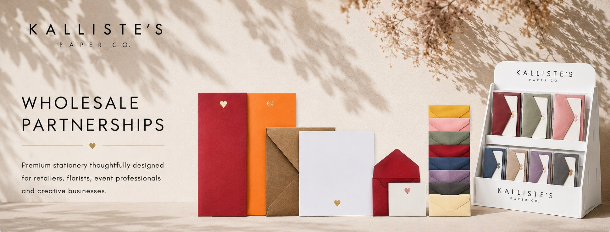 Kalliste's Paper Co. wholesale stationery display featuring a variety of colorful envelopes, cards, and a multi-color display box on a beige background with soft leaf shadows.