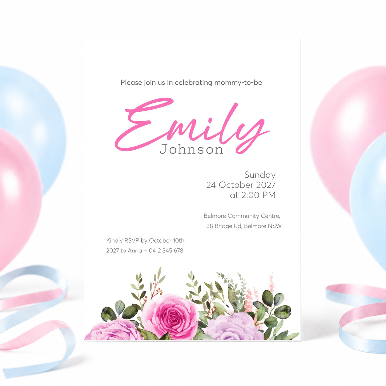 A baby shower invitation card for a mommy named Emily, styled with pink and blue balloons and ribbons on a white background. The card features a watercolor floral design at the bottom with pink roses and green leaves.