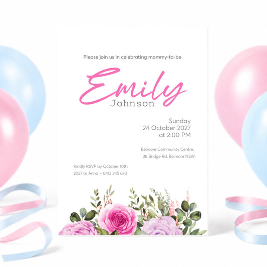 A baby shower invitation card for a mommy named Emily, styled with pink and blue balloons and ribbons on a white background. The card features a watercolor floral design at the bottom with pink roses and green leaves.