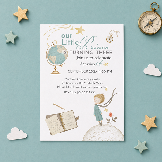 A styled flat-lay of a children's third birthday invitation card on a light blue background, surrounded by decorative props including wooden stars, a compass, and paper clouds. The invitation features whimsical illustrations of a globe, a child on a moon, and an open sketchbook.