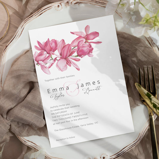 Pink Magnolia Printed Wedding Invitation with Envelope