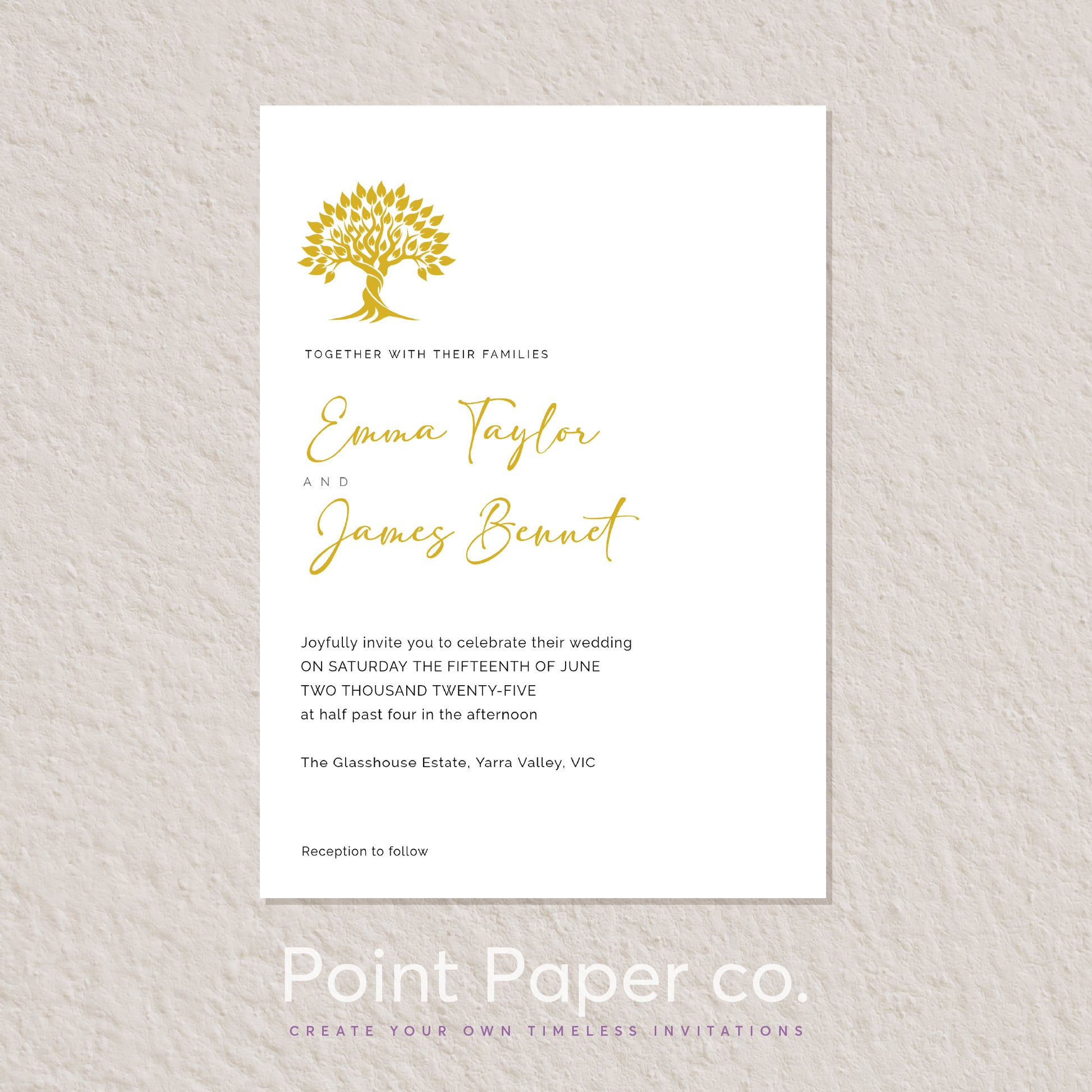 A wedding invitation card with a white background, featuring a gold tree logo at the top and elegant gold script names, Emma Taylor and James Bennett, on a textured light beige wall. The bottom of the image includes the text 'Point Paper co.