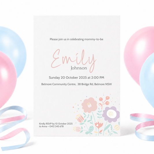 A baby shower invitation card for 'Emily Johnson' with a white background, pink and purple floral illustrations at the bottom, and pink and blue balloons and ribbons in the background.